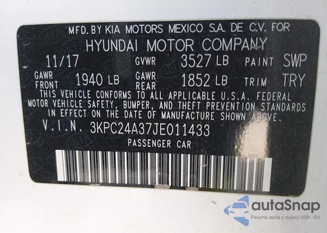 2018 Hyundai Accent Se z USA, uszkodzony, nr VIN 3KPC24A37JE011433